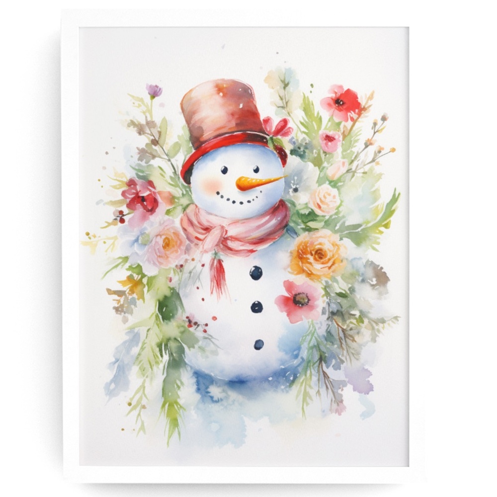 Watercolor Snowman Christmas Theme Wall Art Illustration Print Unframed